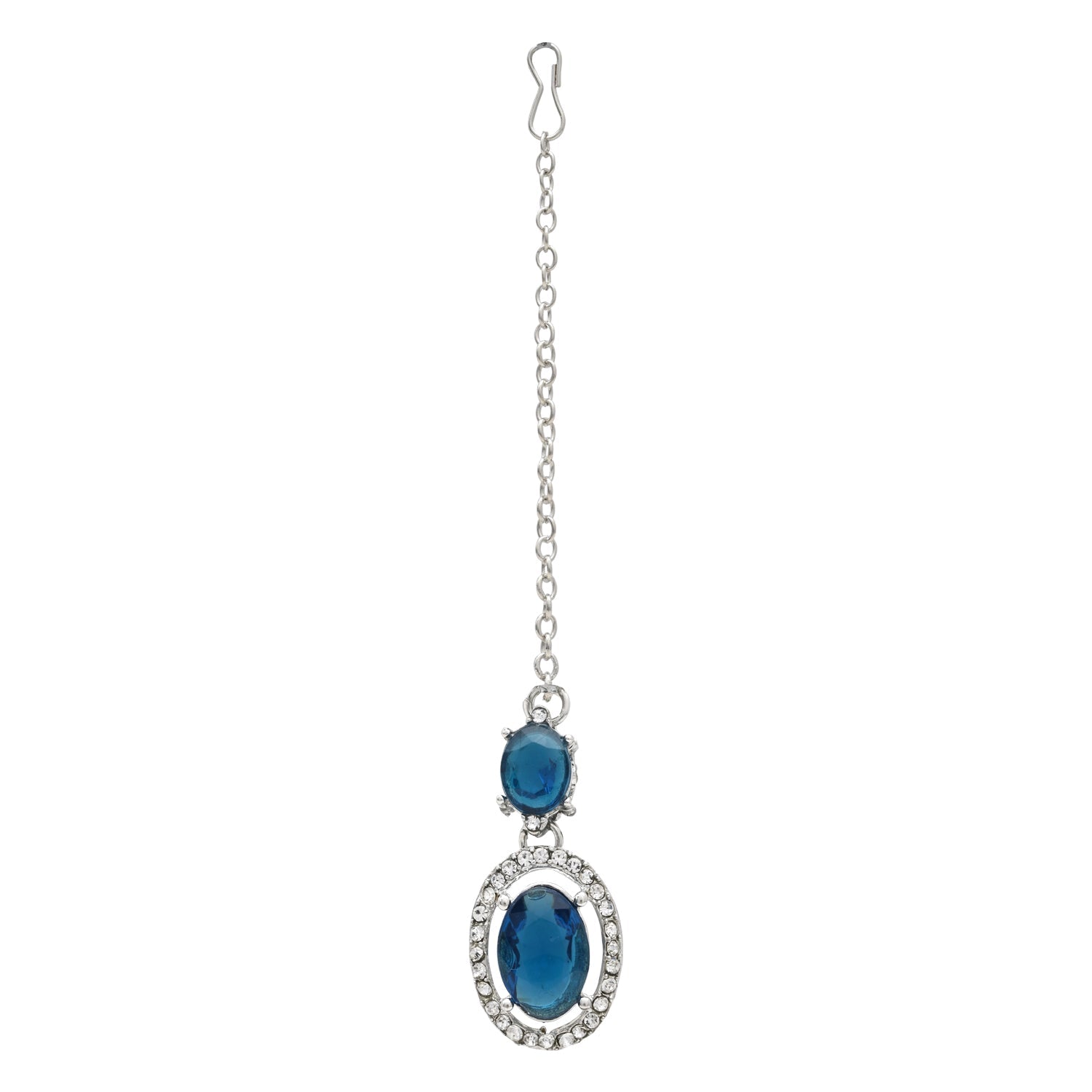 Etnico Silver Plated Stylish Design Crystal Diamond Necklace With Earrings & Maang Tikka Jewellery Set for Women (IJ397ZMO)