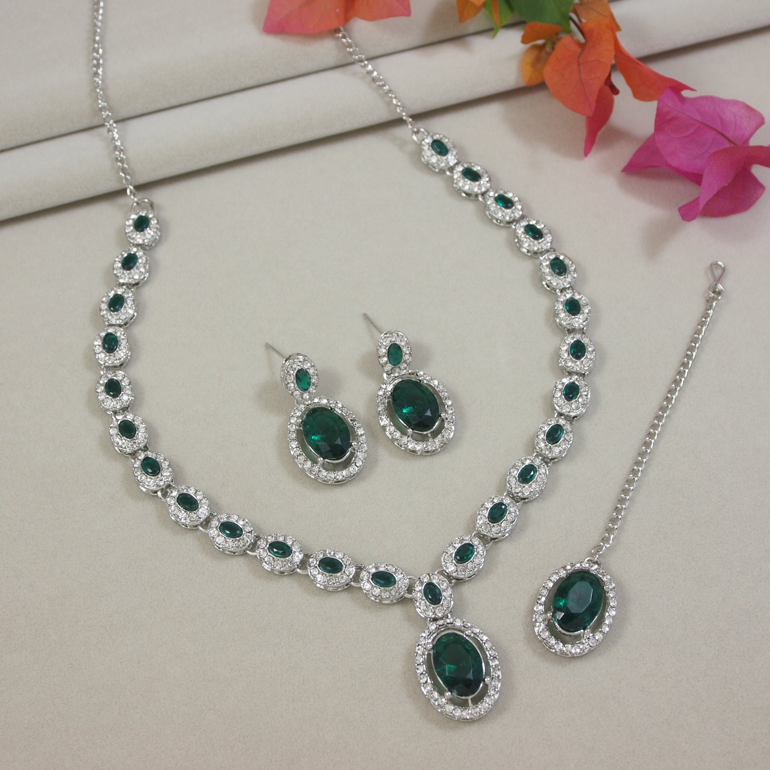 Etnico Silver Plated Stylish Design Crystal Diamond Necklace With Earrings & Maang Tikka Jewellery Set for Women (IJ400ZG)