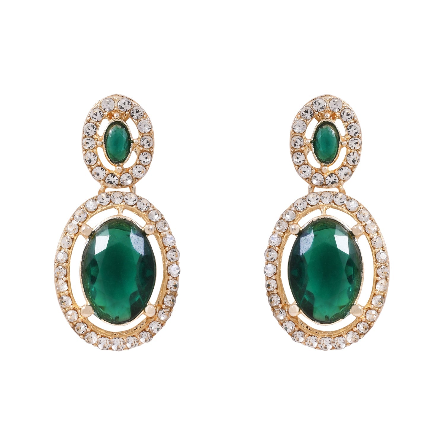 Etnico Gold Plated Stylish Design Crystal Diamond Oval Shape Necklace With Earrings & Maang Tikka Jewellery Set for Women (IJ405M)