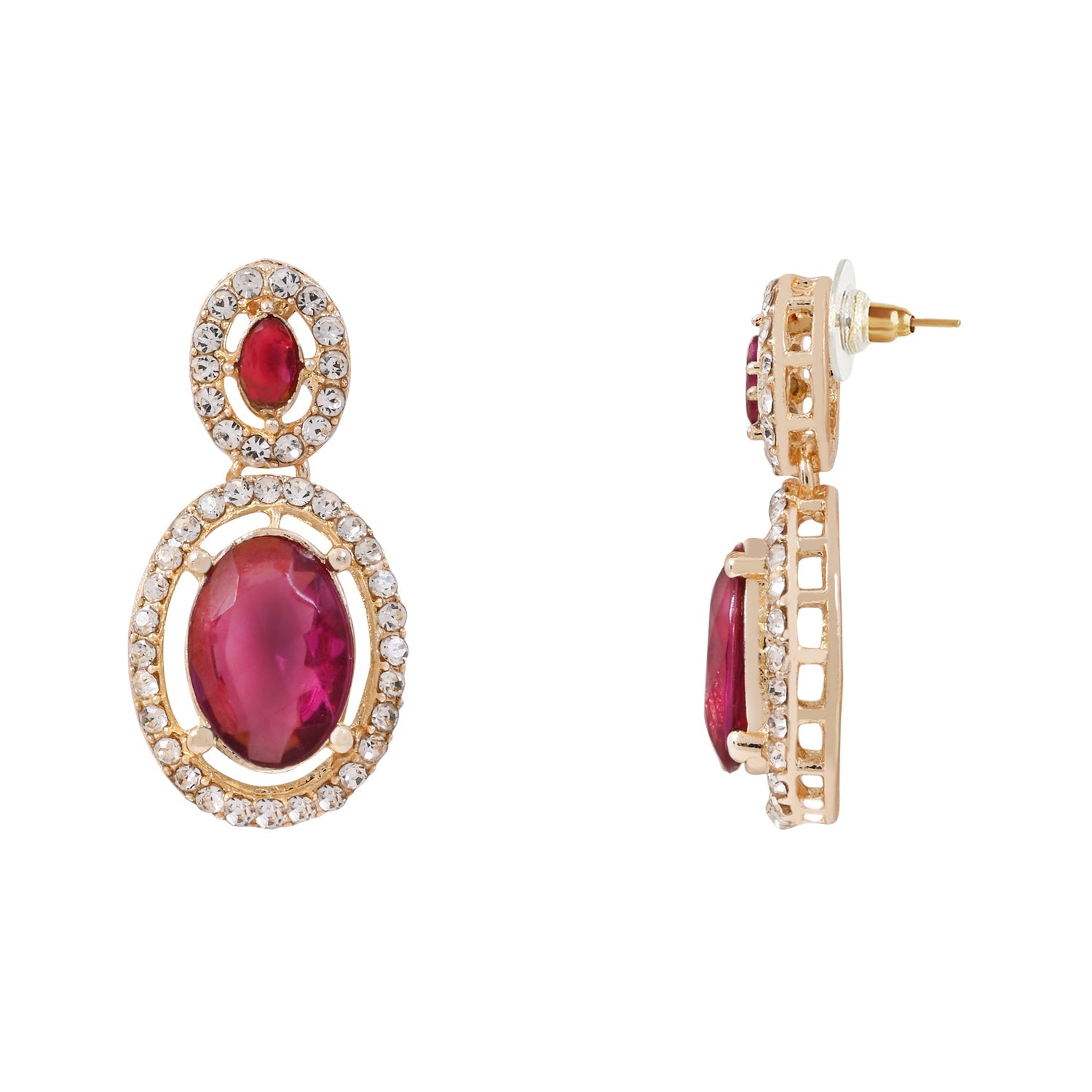 Etnico Gold Plated Stylish Design Crystal Diamond Oval Shape Necklace With Earrings & Maang Tikka Jewellery Set for Women (Wine)