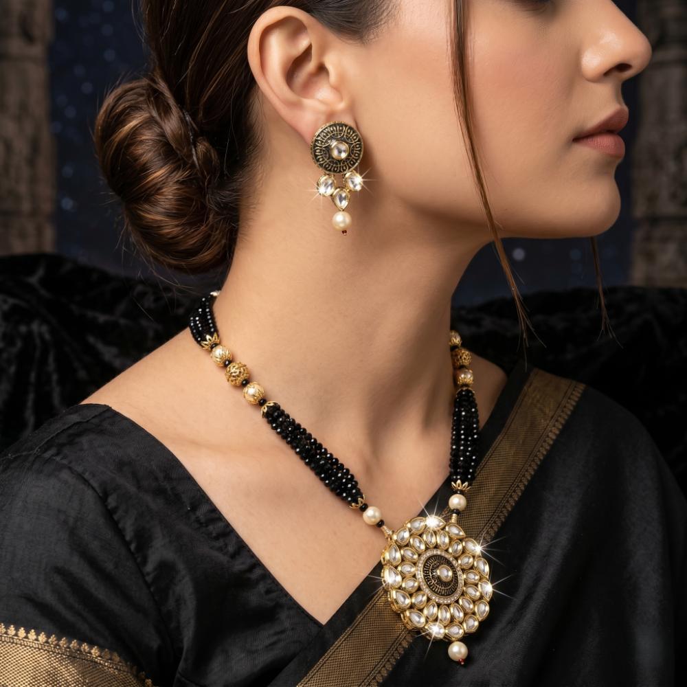 Knigght angel Gold Plated Kundan Stone And Beads Long Necklace Set