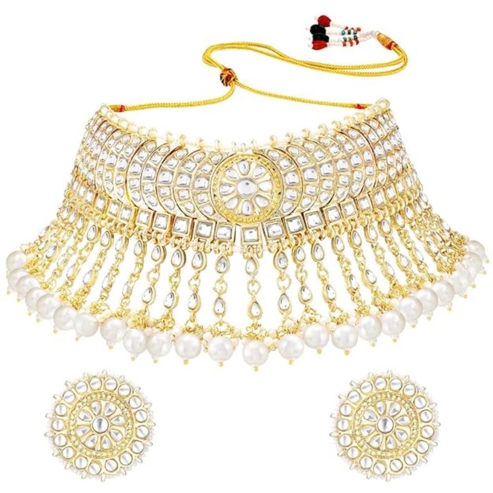 Etnico Gold Plated Traditional Kundan & Pearl Studded Bridal Choker Necklace With Round Earrings Jewellery Set For Women (K7210W)