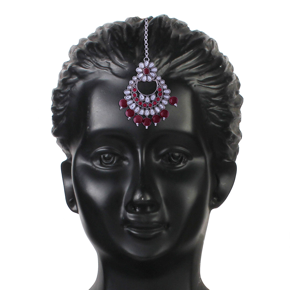 Etnico Silver Plated Traditional Pearl Kundan Studded Choker Jewellery Necklace Set with Maang Tikka for Women (K7217ZM)