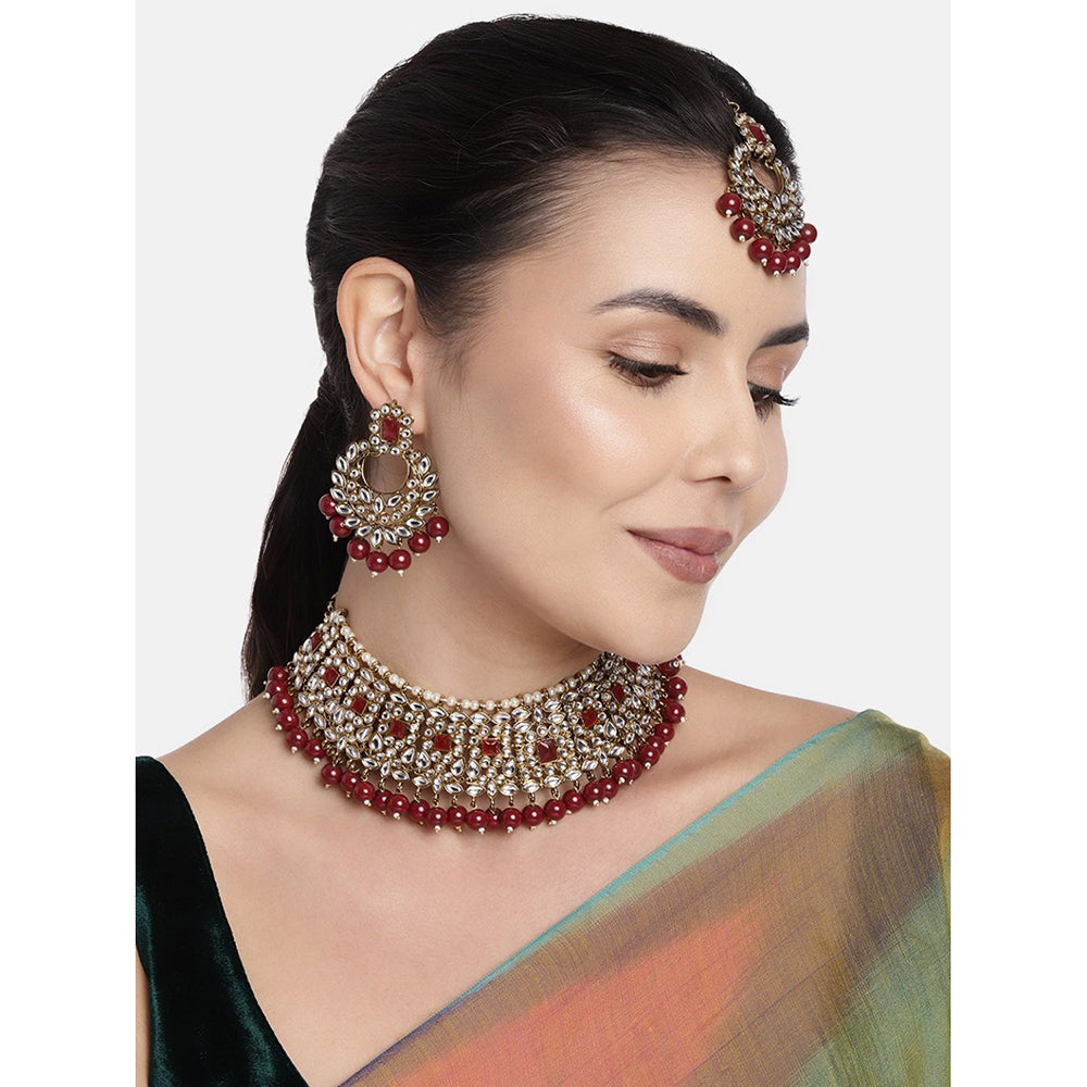 Etnico Gold Plated Traditional Pearl Kundan Studded Choker Jewellery Necklace Set with Maang Tikka for Women (K7218M)