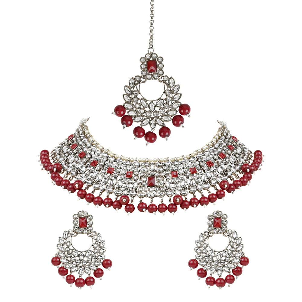 Etnico Gold Plated Traditional Pearl Kundan Studded Choker Jewellery Necklace Set with Maang Tikka for Women (K7218M)