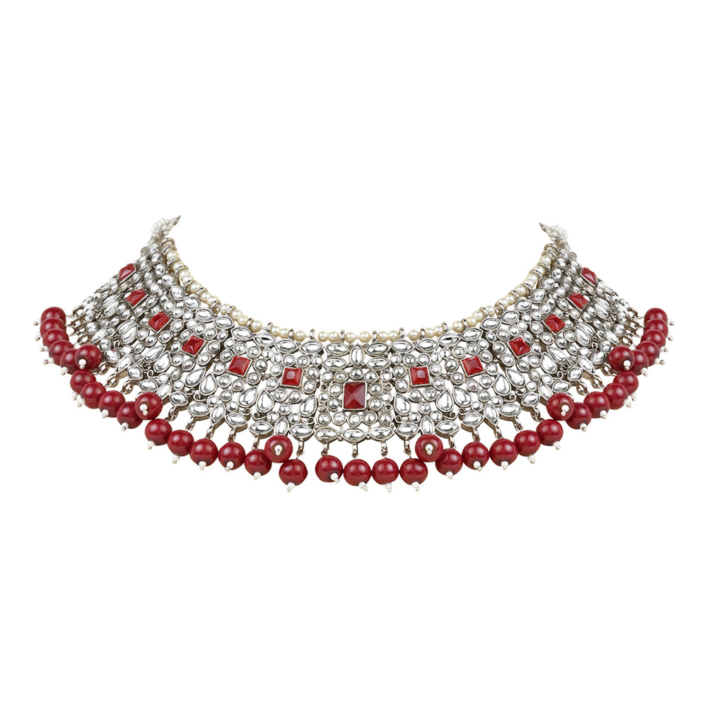 Etnico Gold Plated Traditional Pearl Kundan Studded Choker Jewellery Necklace Set with Maang Tikka for Women (K7218M)