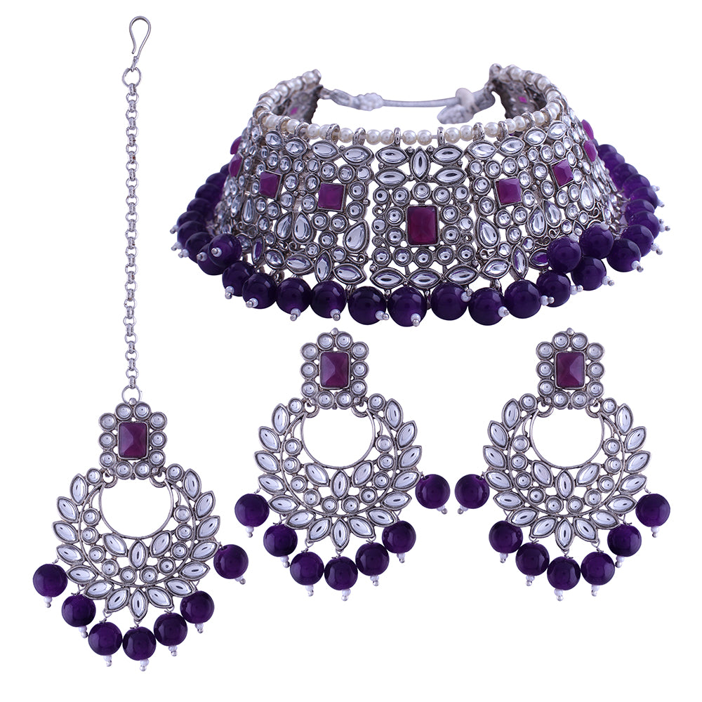 Etnico Silver Plated Traditional Pearl Kundan Studded Choker Jewellery Necklace Set with Maang Tikka for Women (K7218ZPu)