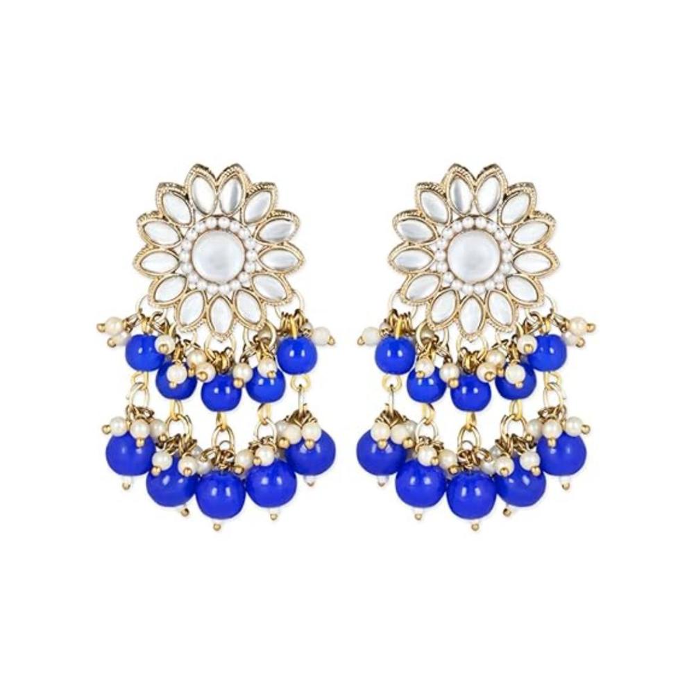 Etnico 18K Gold Plated Traditional Kundan Studded Blue Pearl Hanging Choker Necklace Jewellery Set With Earrings & Maang Tikka For Women & Girls (K7232Bl)