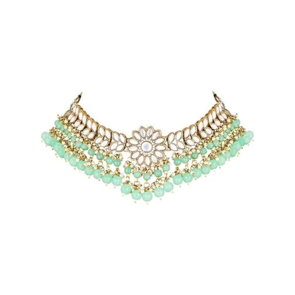 Etnico 18K Gold Plated Traditional Kundan Studded Mint Pearl Hanging Choker Necklace Jewellery Set With Earrings & Maang Tikka For Women & Girls (K7232Min)