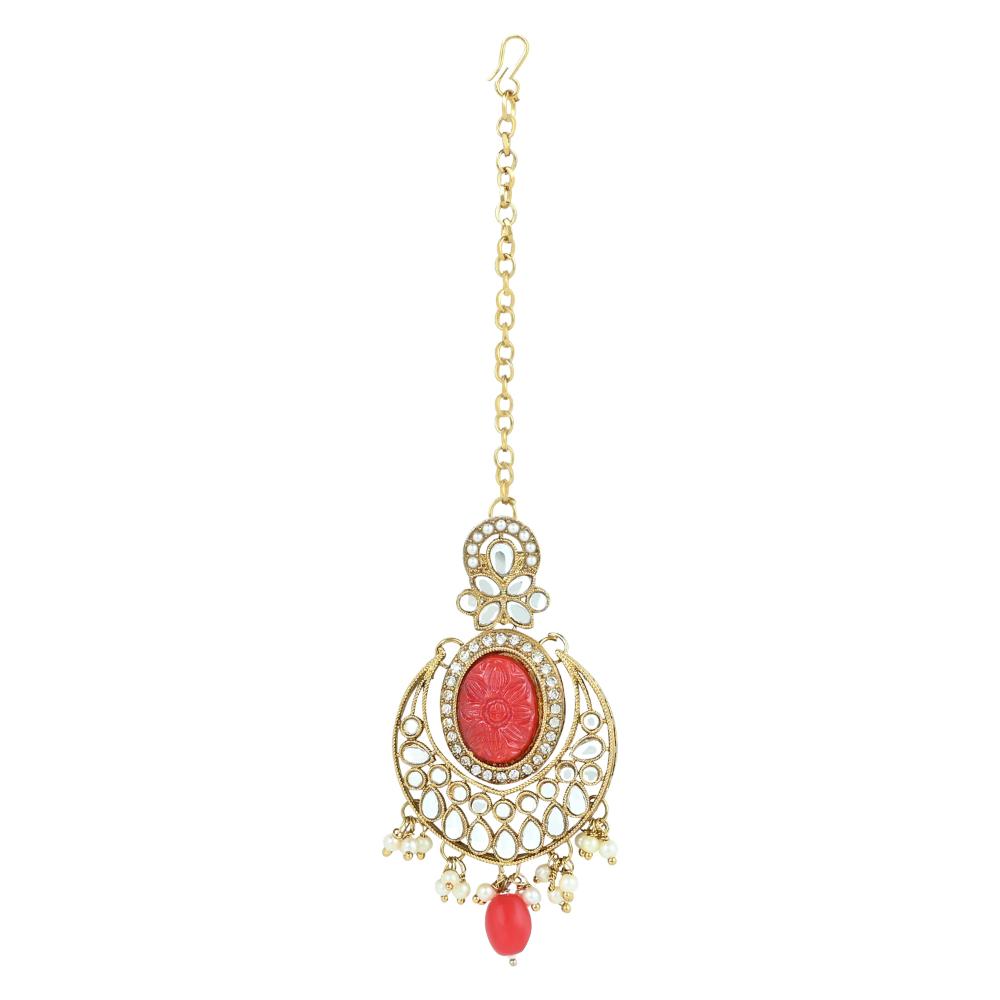 Etnico Gold Plated Traditional Red Pearl Kundan & Stone Studded Jewellery Necklace Set with Maang Tikka for Women (K7233R)