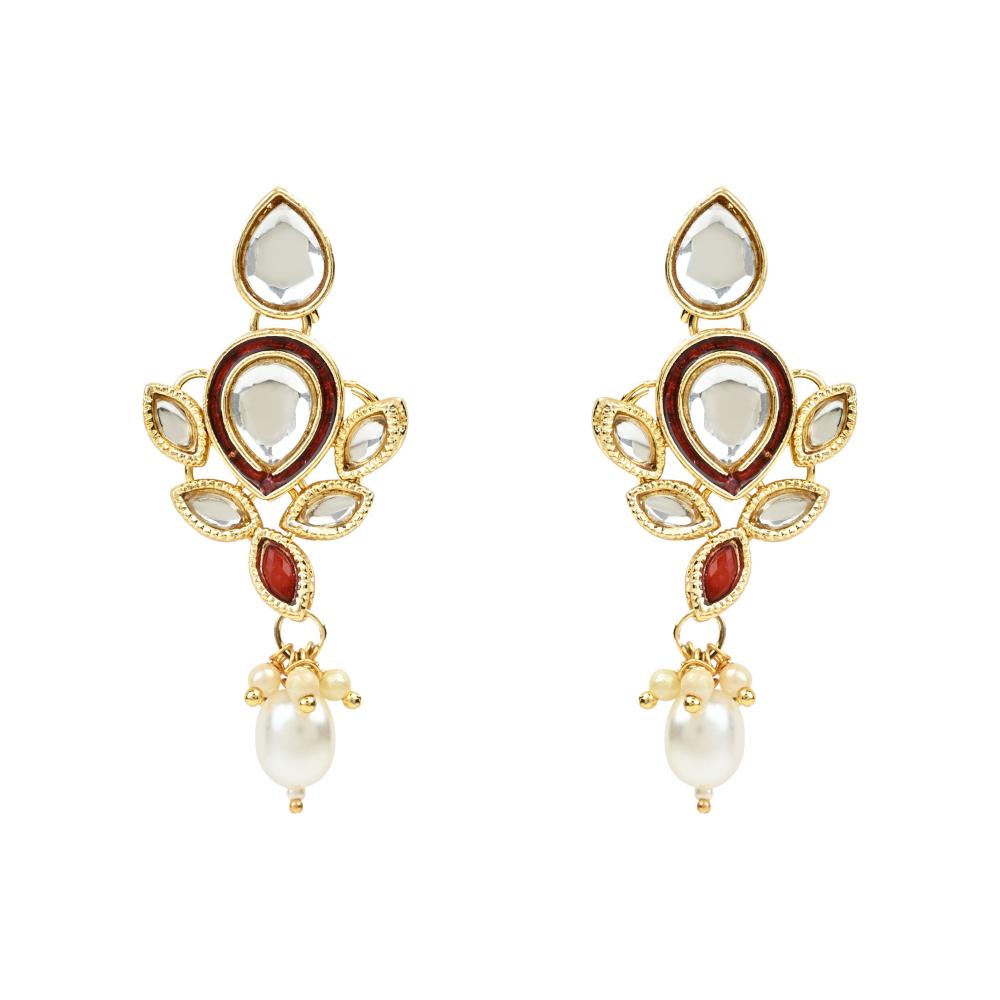 Etnico Gold Plated Traditional Pearl Kundan Studded Floral Necklace With Earring Maang Tikka Set For Women And Girls (K7249M)
