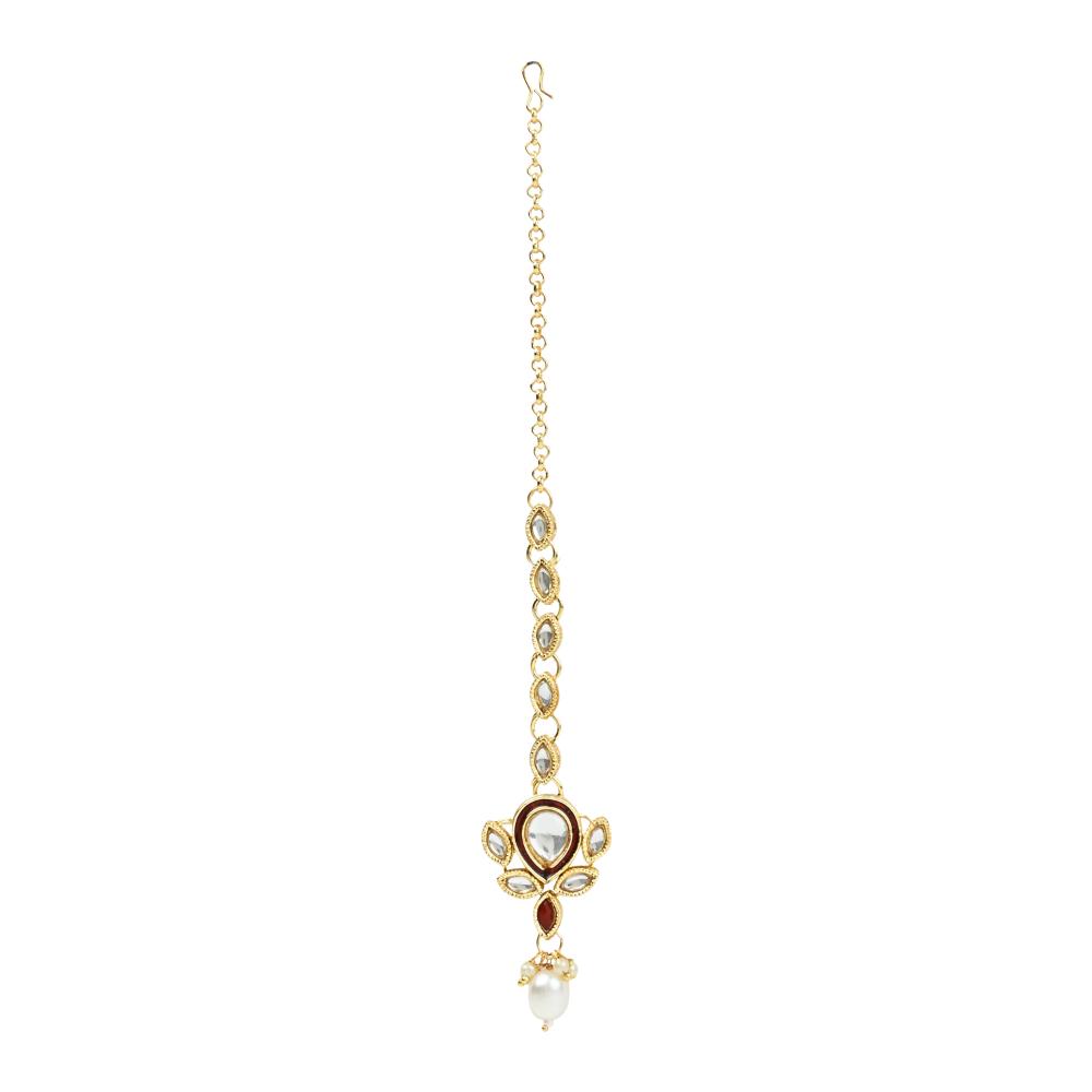 Etnico Gold Plated Traditional Pearl Kundan Studded Floral Necklace With Earring Maang Tikka Set For Women And Girls (K7249M)