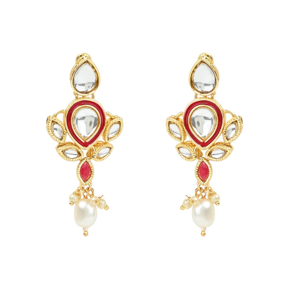 Etnico Gold Plated Traditional Pearl Kundan Studded Floral Necklace With Earring Maang Tikka Set For Women And Girls (K7249Q)