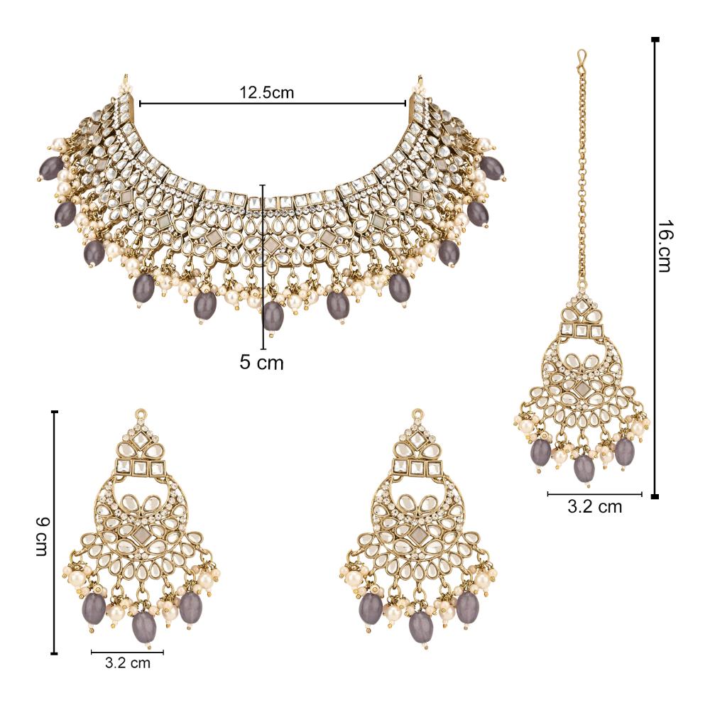 Etnico Gold Plated Traditional Kundan Pearl Hanging Choker Necklace Jewellery Set With Earrings & Maang Tikka For Women & Girls (K7252Gr)