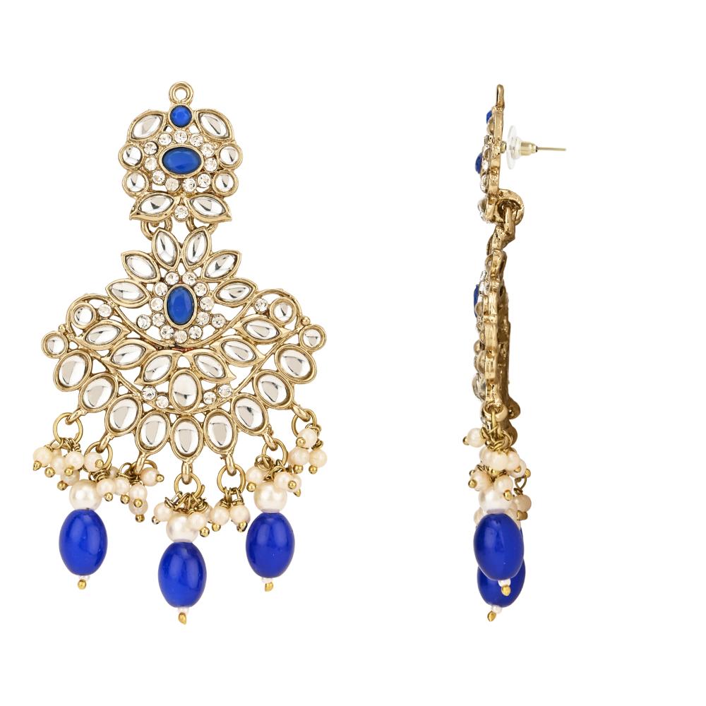 Etnico Gold Plated Traditional Kundan Pearl Drop Bridal Choker Necklace With Earrings & Maang Tikka Jewellery Set For Women/Girls (K7257Bl)