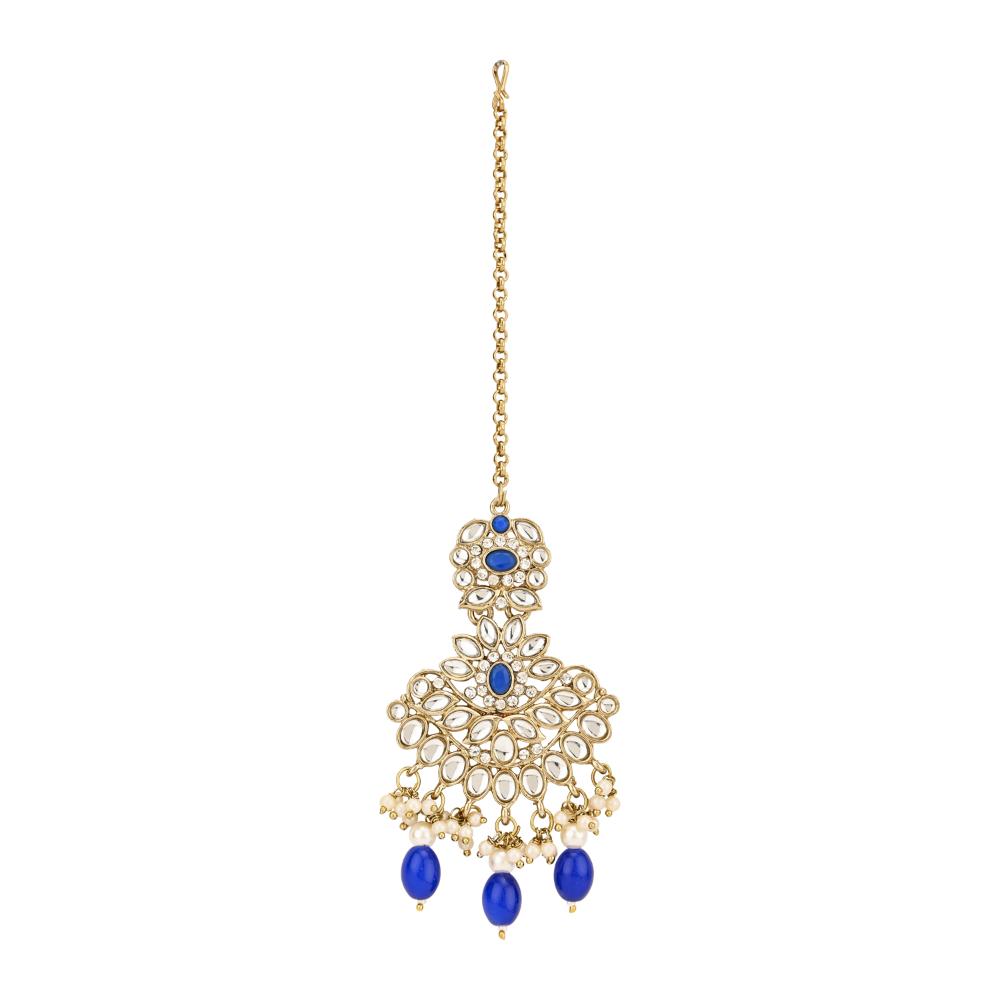Etnico Gold Plated Traditional Kundan Pearl Drop Bridal Choker Necklace With Earrings & Maang Tikka Jewellery Set For Women/Girls (K7257Bl)
