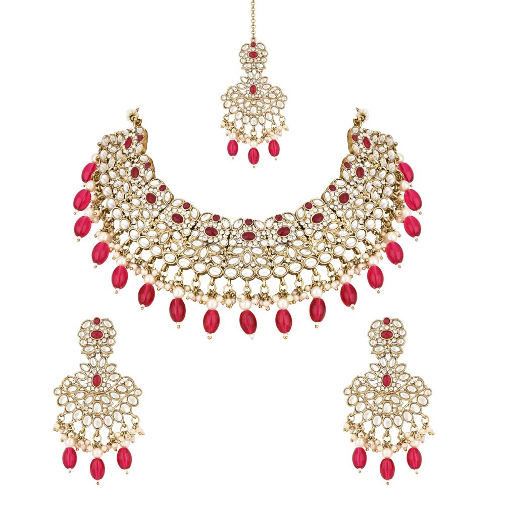 Etnico Gold Plated Traditional Kundan Pearl Drop Bridal Choker Necklace With Earrings & Maang Tikka Jewellery Set For Women/Girls (K7257Q)