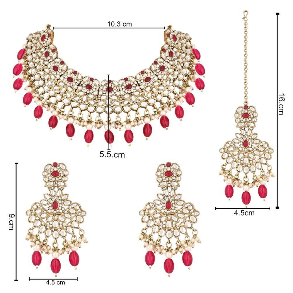 Etnico Gold Plated Traditional Kundan Pearl Drop Bridal Choker Necklace With Earrings & Maang Tikka Jewellery Set For Women/Girls (K7257Q)