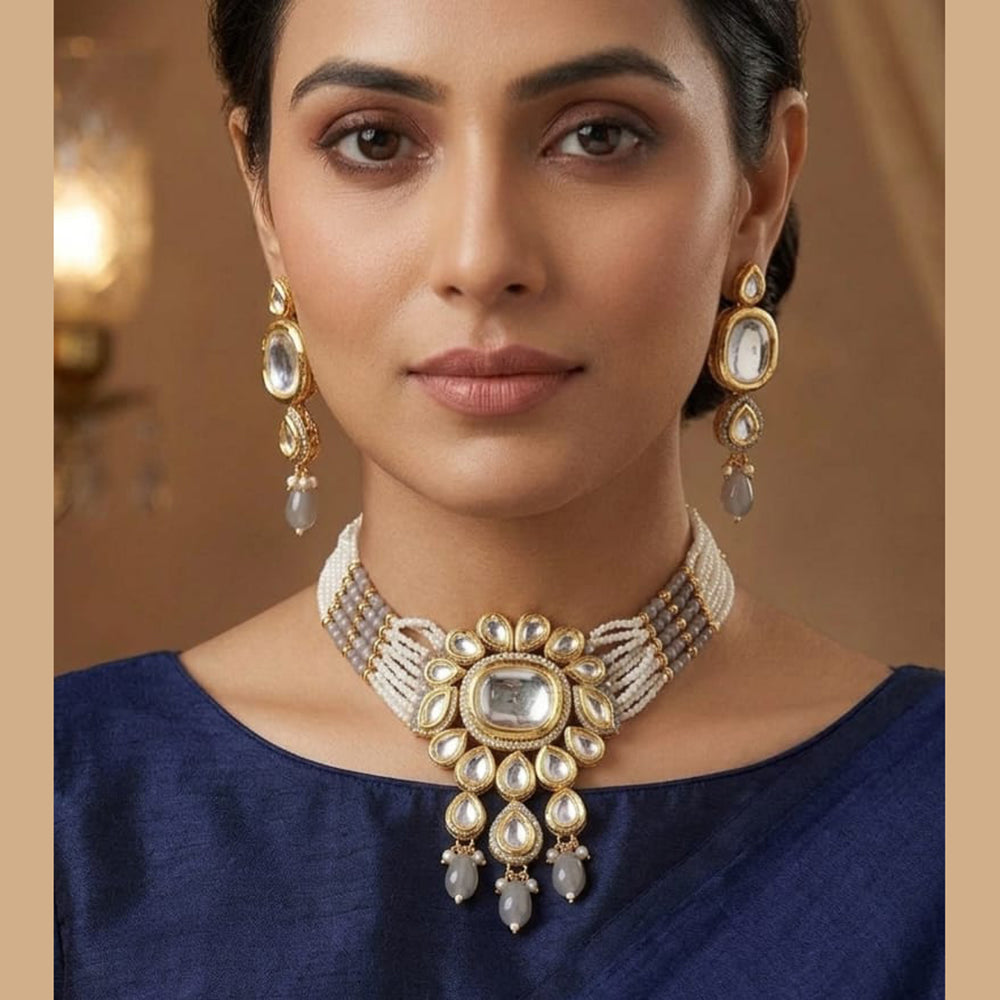 Knigght Angel Traditional Kundan Stone Pearl And Beads Choker Necklace Set