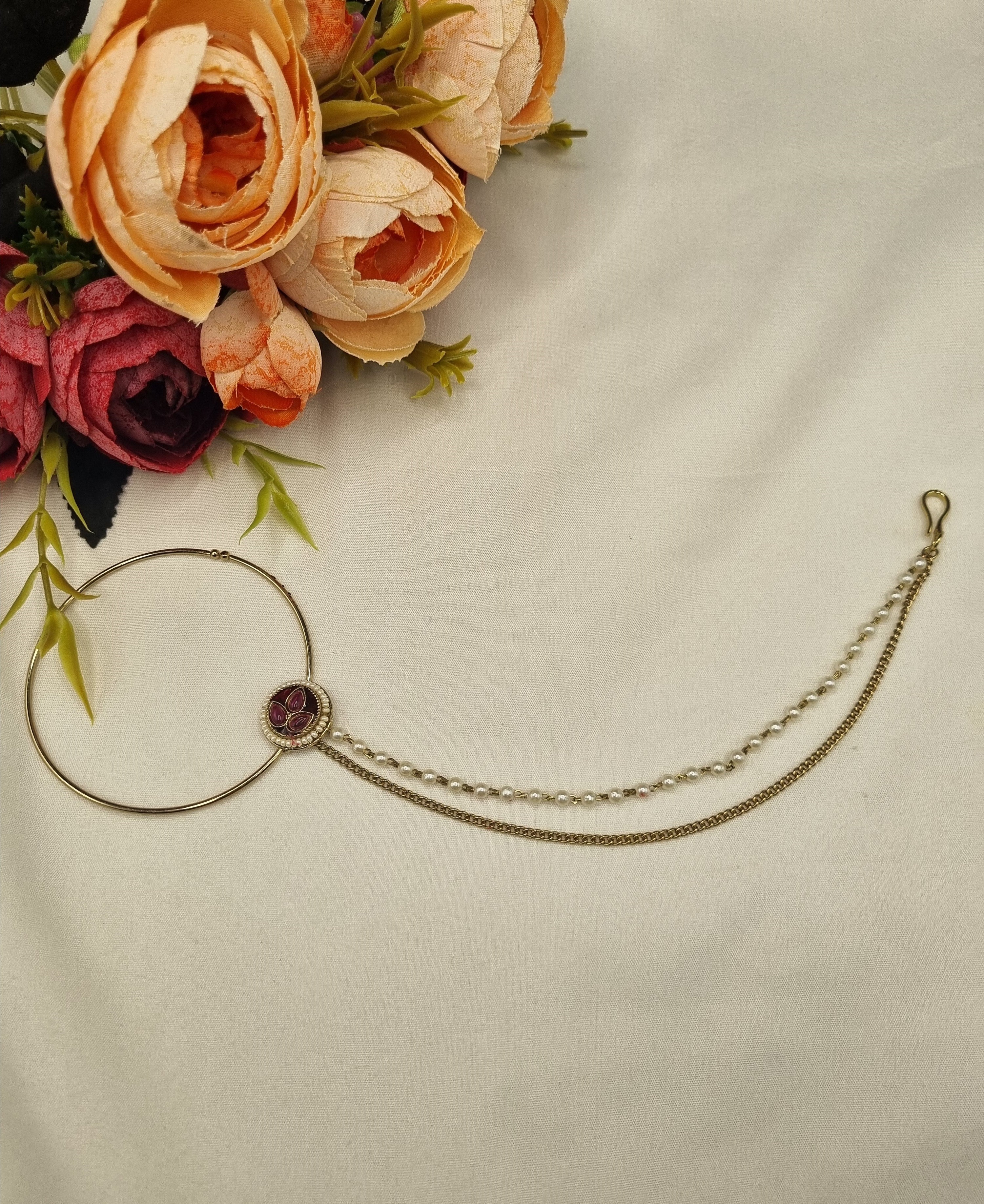 LAFZ Classic Floral Motif Bridal Nath with Pearl & Layered Chain - KDNT5