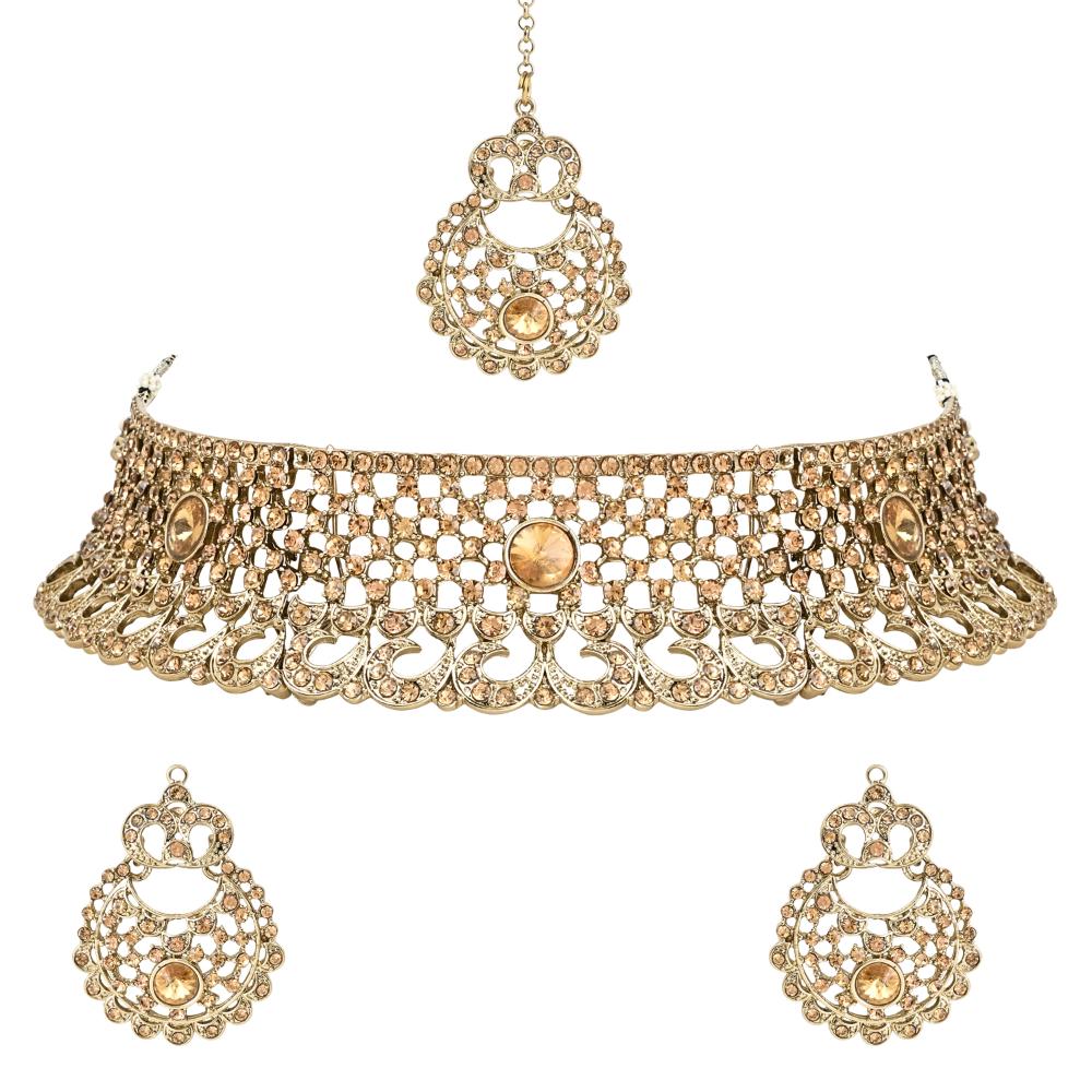 Etnico Gold Plated Traditional Design Stone Work Choker Necklace Jewellery Set With Earring & Maang Tikka For Women/Girls (M4171FL)