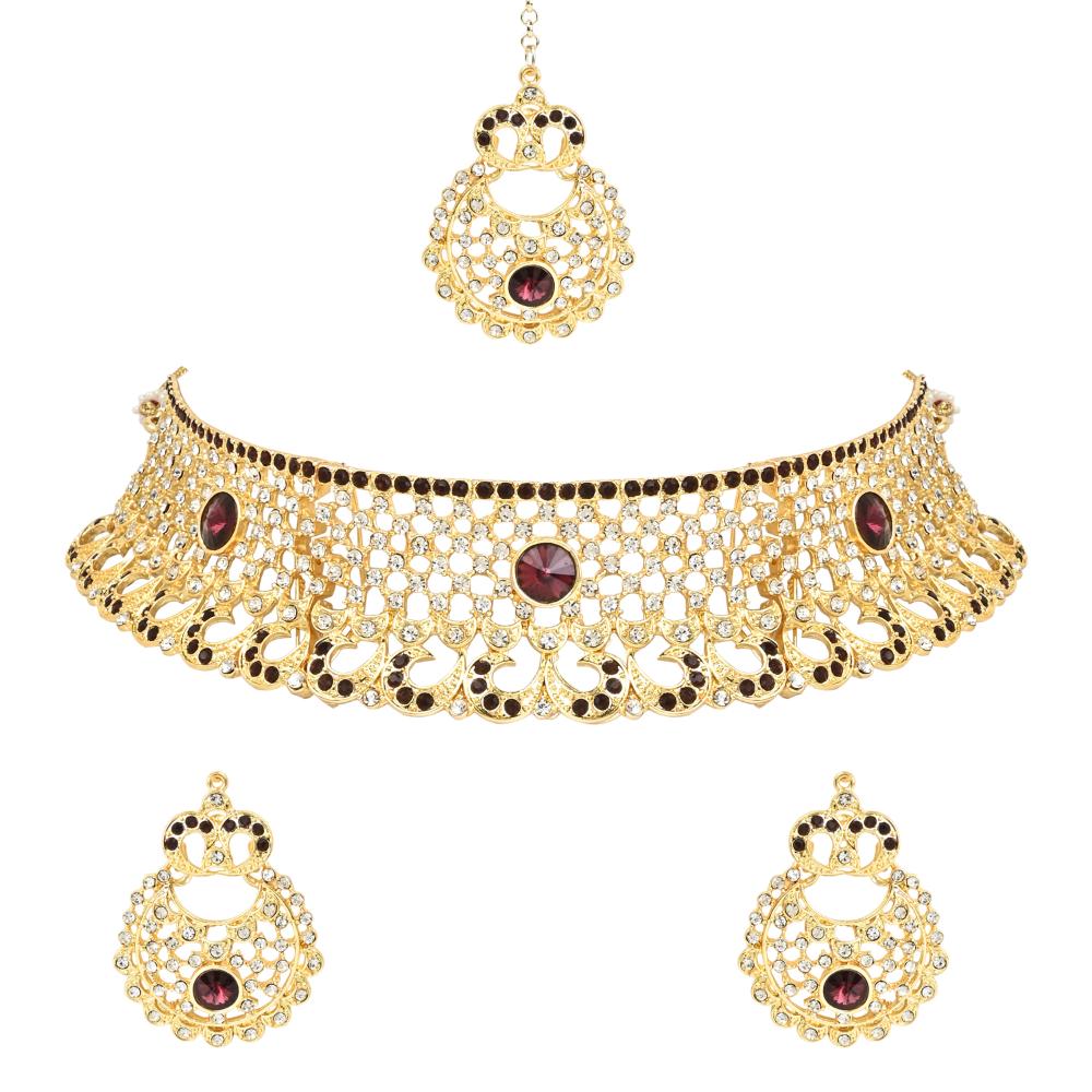 Etnico Gold Plated Traditional Design Stone Work Choker Necklace Jewellery Set With Earring & Maang Tikka For Women/Girls (M4171WWi)