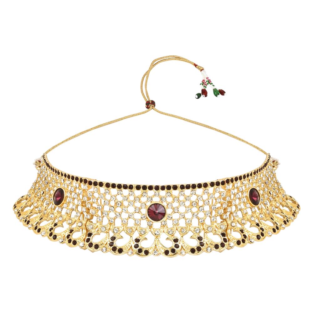 Etnico Gold Plated Traditional Design Stone Work Choker Necklace Jewellery Set With Earring & Maang Tikka For Women/Girls (M4171WWi)
