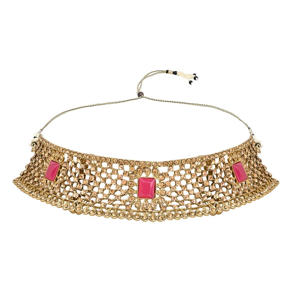 Etnico Gold Plated Traditional Design Stone Work Choker Necklace Jewellery Set With Earring & Maang Tikka For Women/Girls (M4172FLQ)