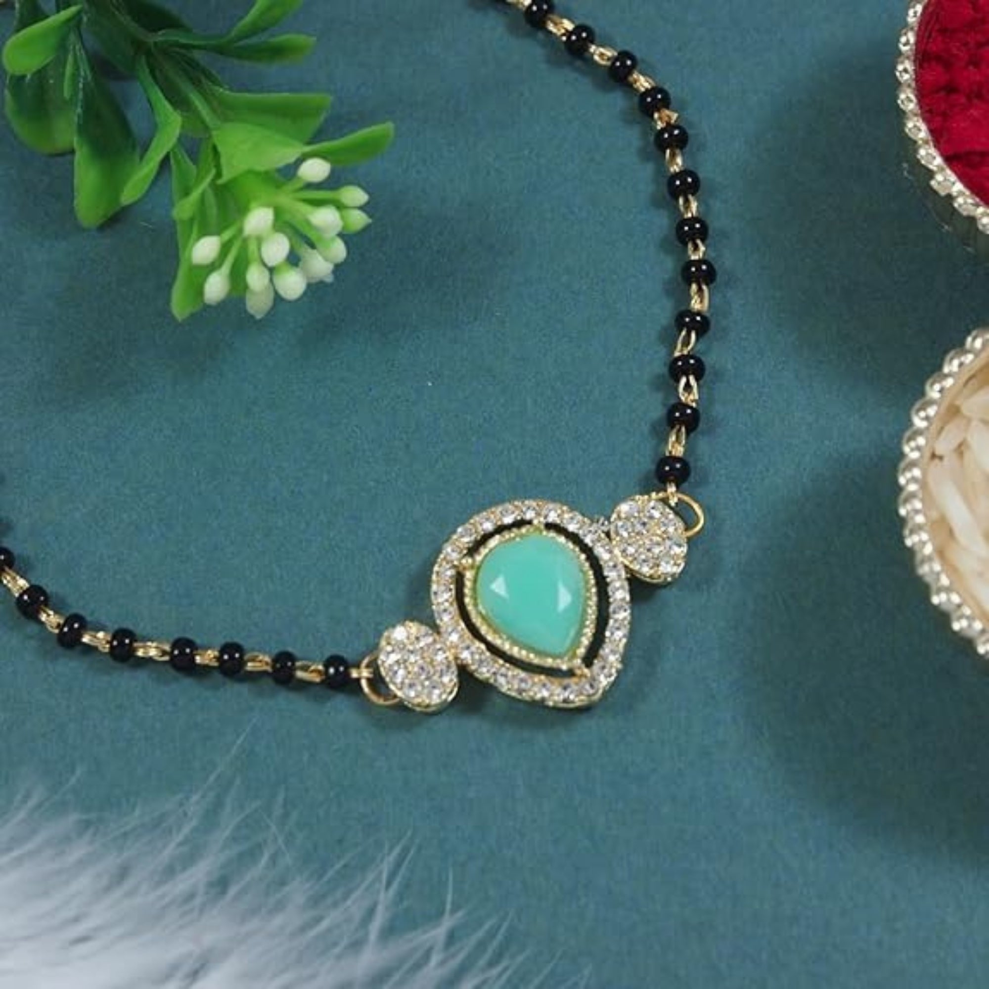 Etnico Gold Plated Traditional Adjustable Black Beads Mangalsutra Bracelet with White Pendant for Women (MB010Min)