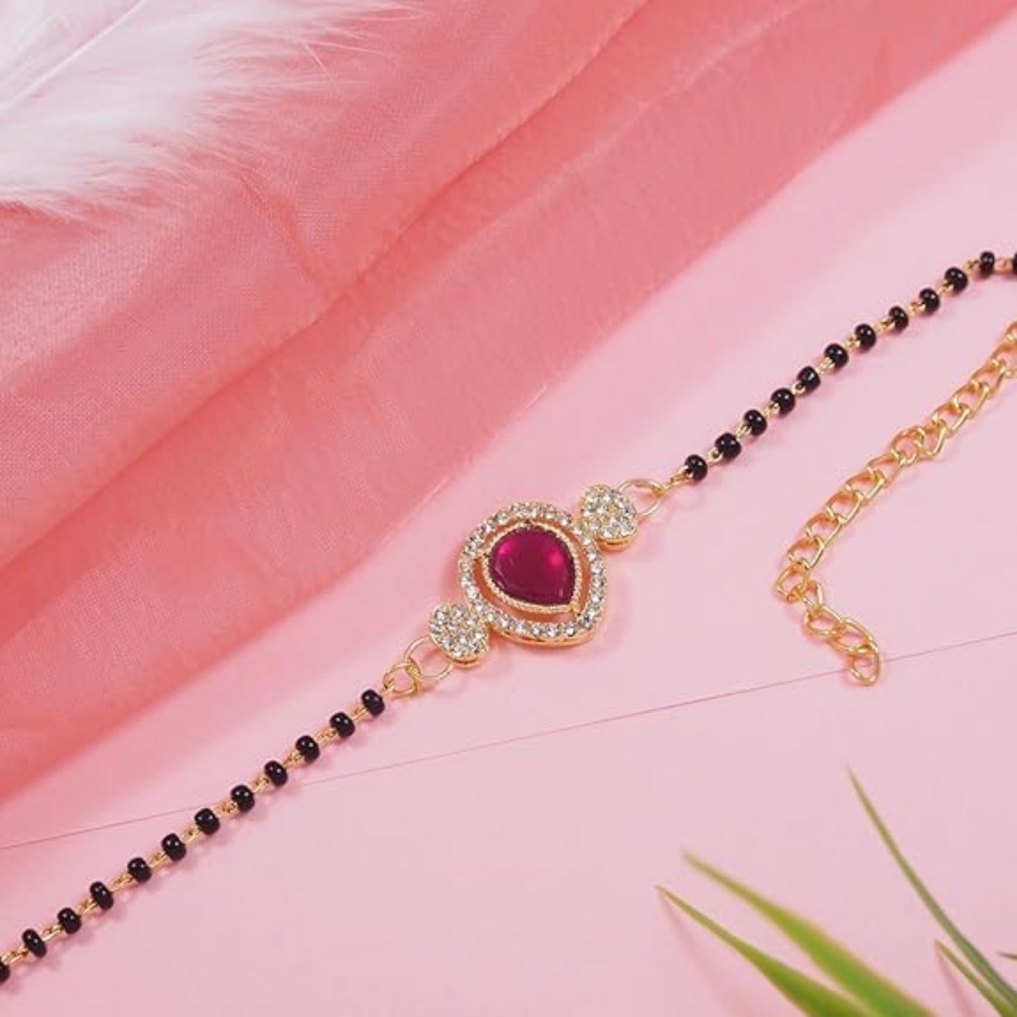 Etnico Gold Plated Traditional Adjustable Black Beads Mangalsutra Bracelet with White Pendant for Women (MB010Q)