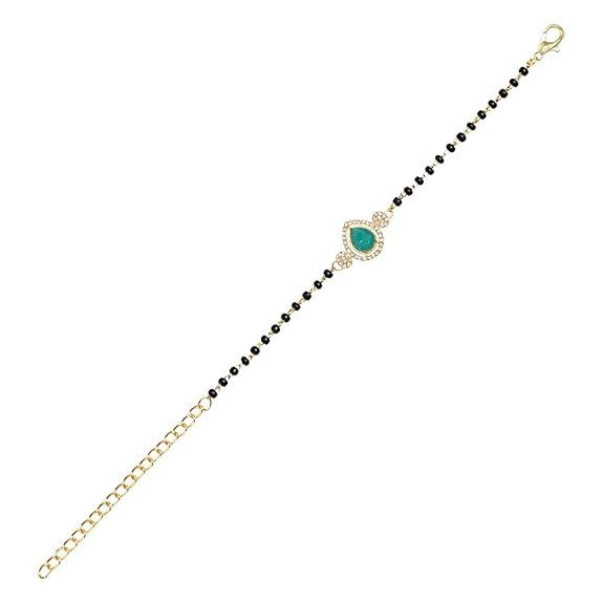 Etnico Gold Plated Traditional Adjustable Black Beads Mangalsutra Bracelet with White Pendant for Women (MB010Sb)