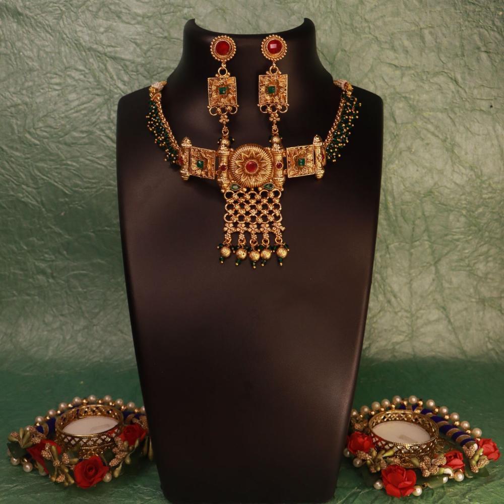 Etnico Gold Plated Traditional Brass Pearl Choker Necklace With Earrings for Women/Girls (MC111G)