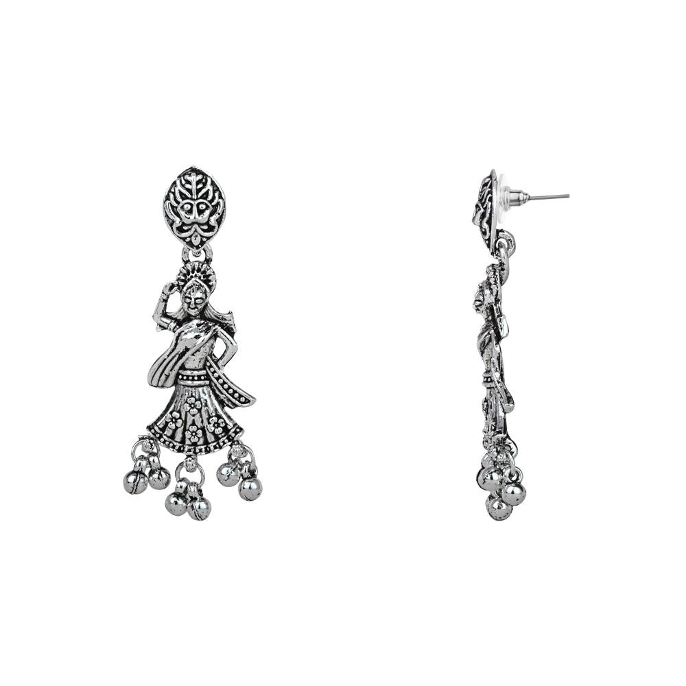 Etnico Ethnic Silver Oxidised Inspired by Garba With Peacock and Elephant Design Long Necklace Jewellery Set For Women/Girls (MC153OX)