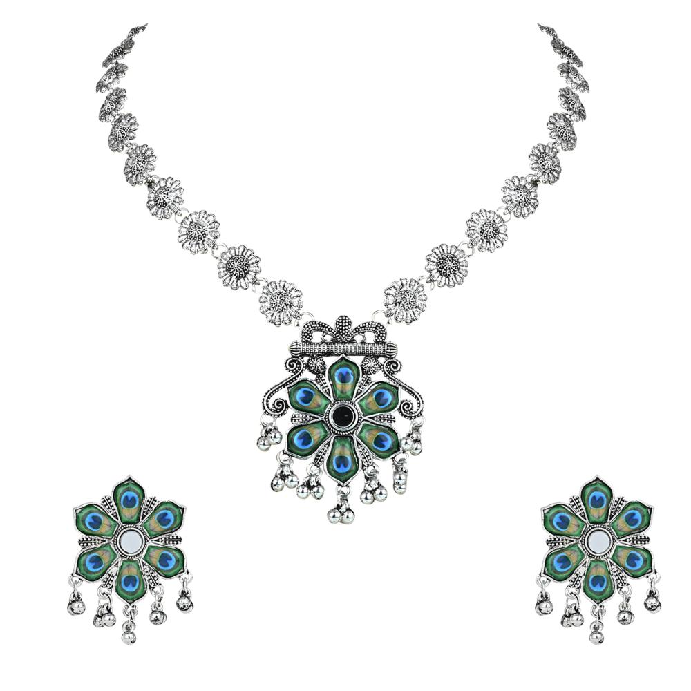 Etnico Ethnic Silver Oxidised Peacock Feather Ghungroo Long Necklace Jewellery Set For Women/Girls (MC163OX)