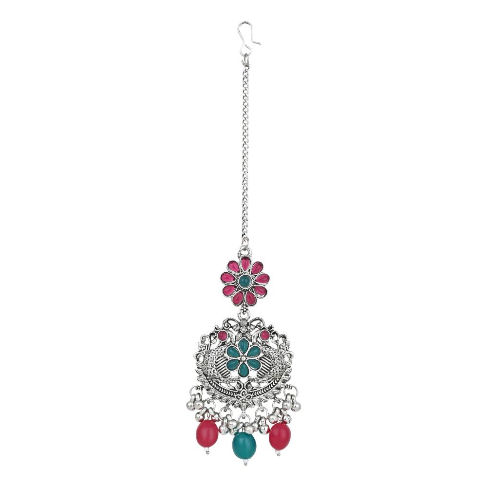 Etnico Stylish Silver Oxidised Chain Pendant Long Necklace Jewellery Set Whit Earrings For Women & Girls (Style 5)