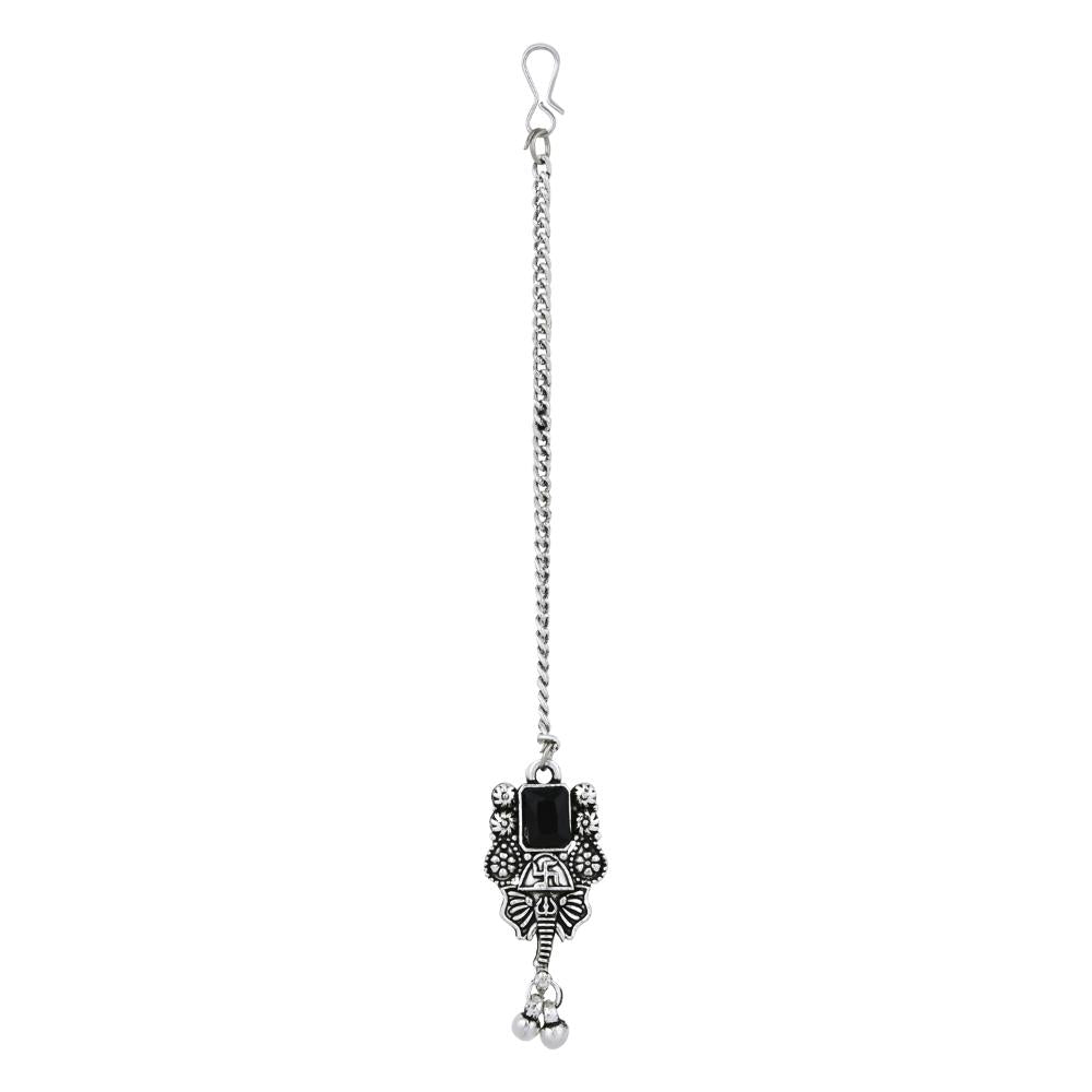 Etnico Boho Silver Oxidised Choker Necklace With Earrings & Maang Tikka Set (MC181ZB)