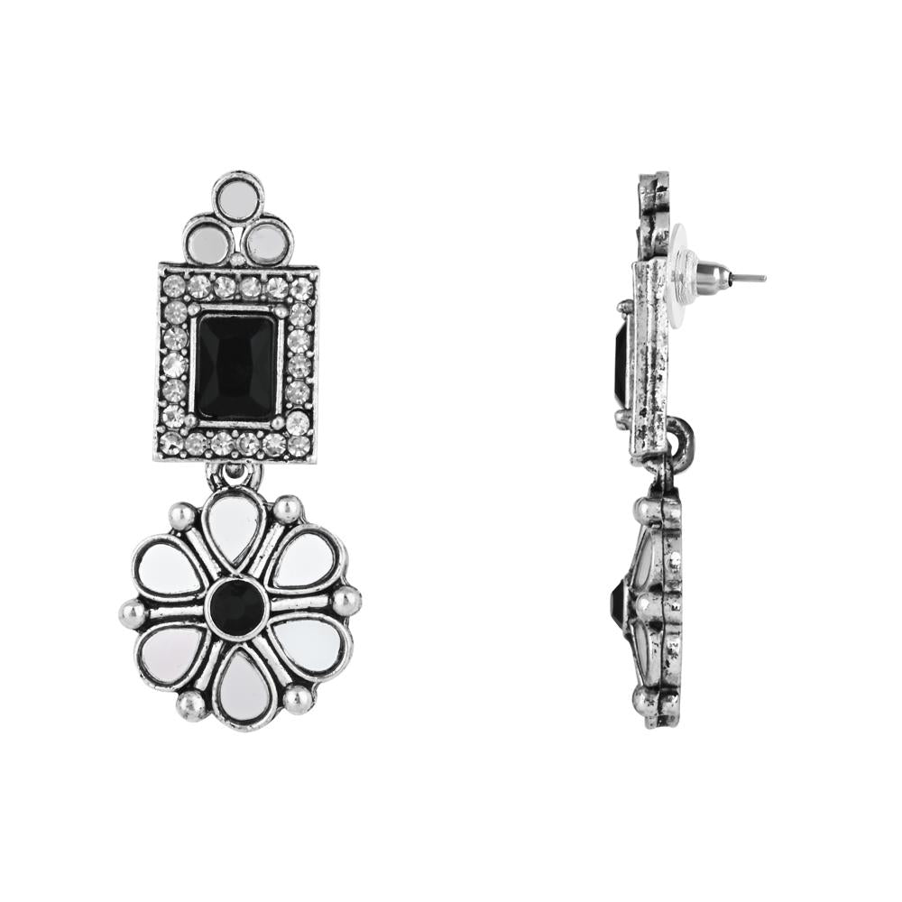 Etnico Silver Oxidised Floral Mirror Work Choker Necklace & Earrings Set For Women (MC201ZB)