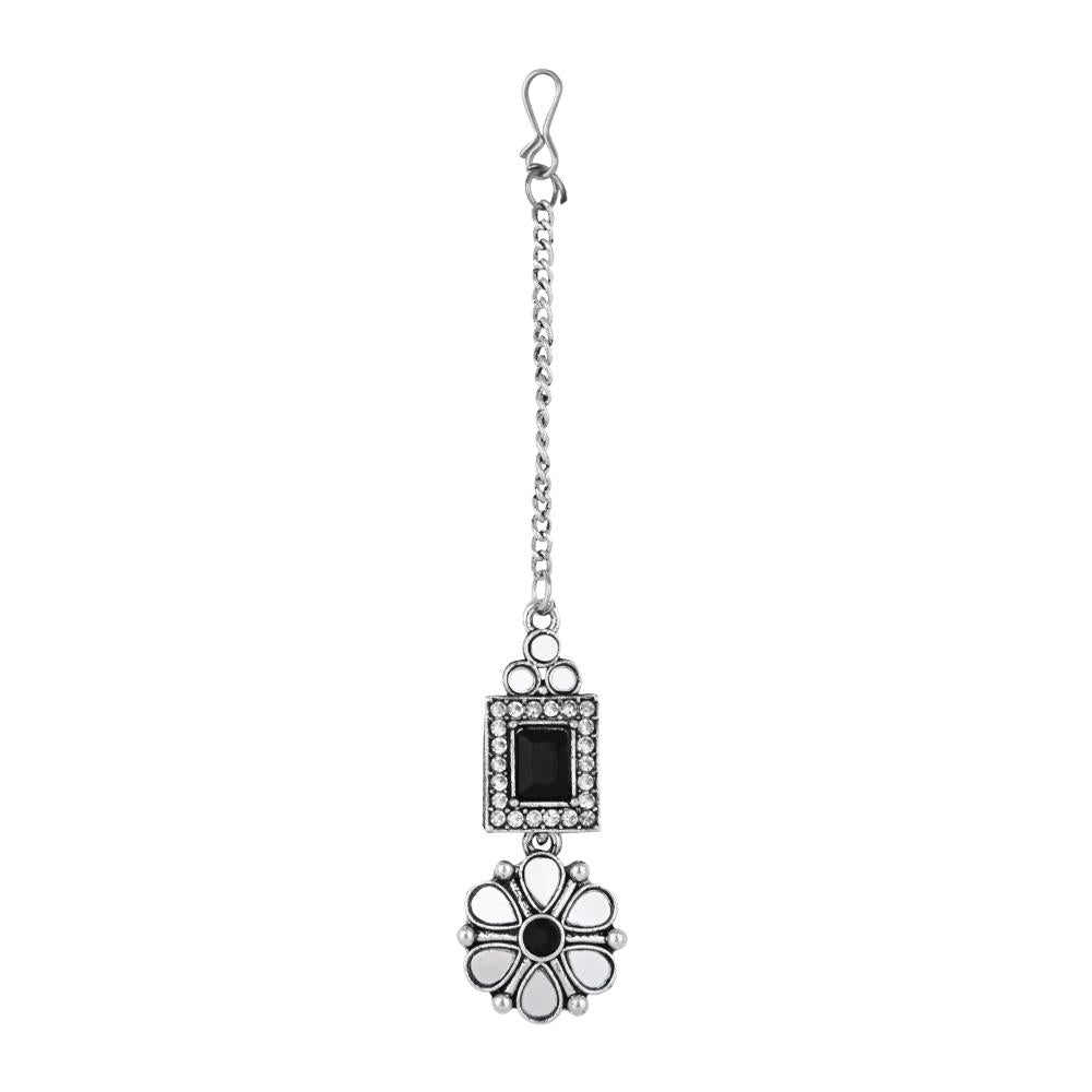 Etnico Silver Oxidised Floral Mirror Work Choker Necklace & Earrings Set For Women (MC201ZB)