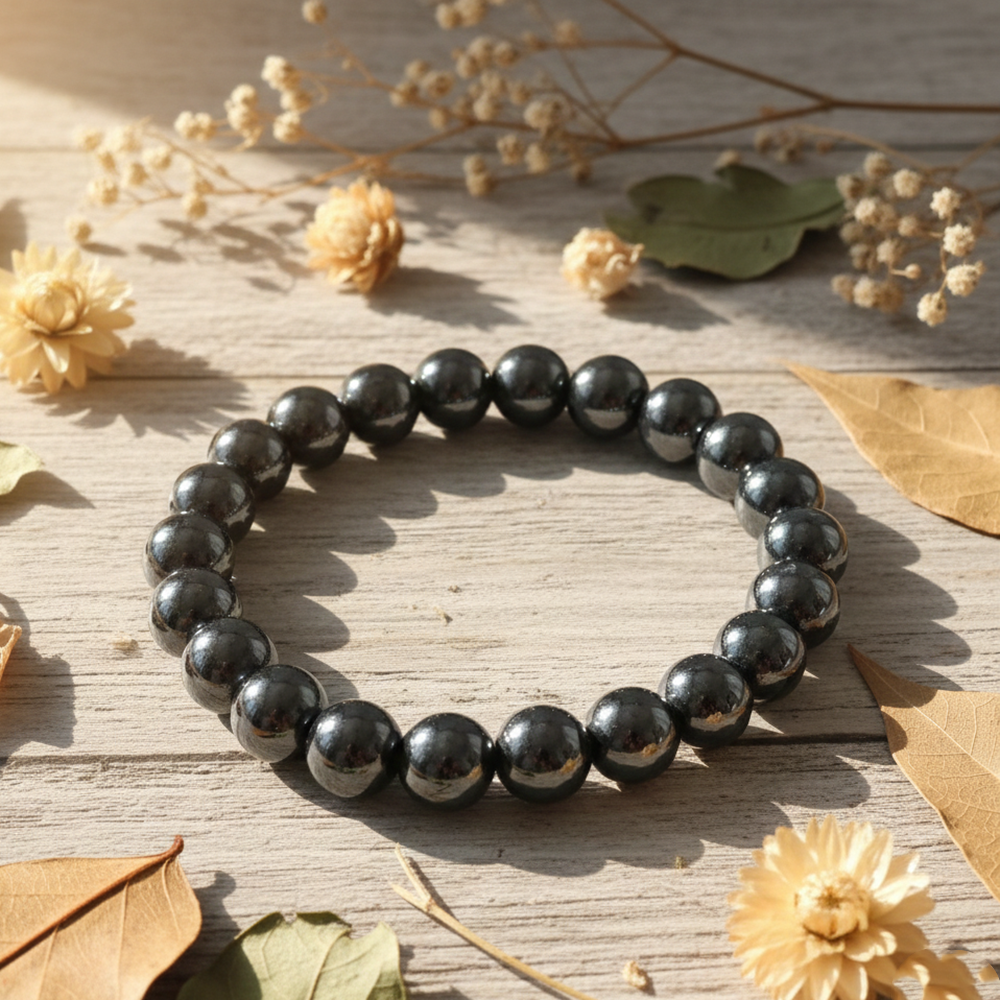 Etnico Hematite Stretchable Bead Bracelet with Polished Spherical Stones for Energy, Balance & Everyday Style (MJB003B)
