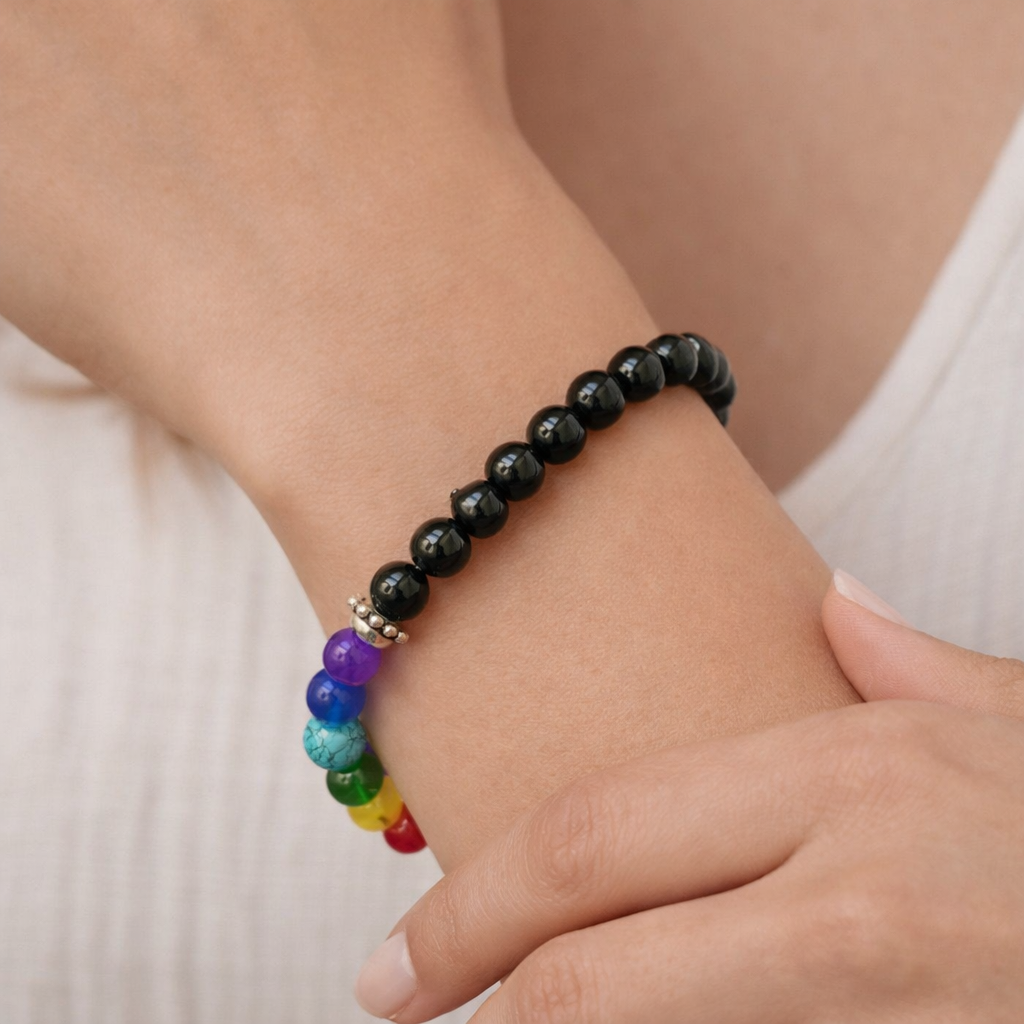 Etnico Chakra Stretchable Bead Bracelet with Lava Beads & Chakra Color Beads for Energy Balance (MJB007)