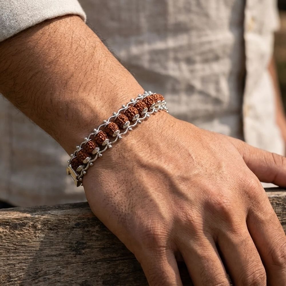 Etnico Silver Plated Rudraksha Bracelet for Men Women | Unisex Spiritual Link Kada | Rudraksha Beads Accessory for Balance, Harmony & Positive Energy | Meditation Yoga Wear | Gift for Men Women (MJB010S)