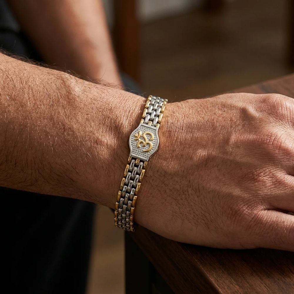 Etnico Gold Silver Plated Om Bracelet for Men | Unisex Spiritual Link Kada | Om Symbol Accessory for Balance, Harmony & Positive Energy | Meditation Yoga Wear | Gift for Men (MJB012ZFL)