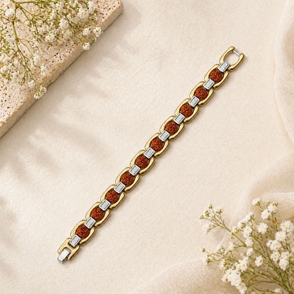 Etnico Gold Silver Plated Rudraksha Bracelet for Men Women | Unisex Spiritual Link Kada | Traditional Beads Accessory for Grounding, Balance & Positive Energy | Meditation Yoga Wear | Gift for Men Women (MJB014ZFL)