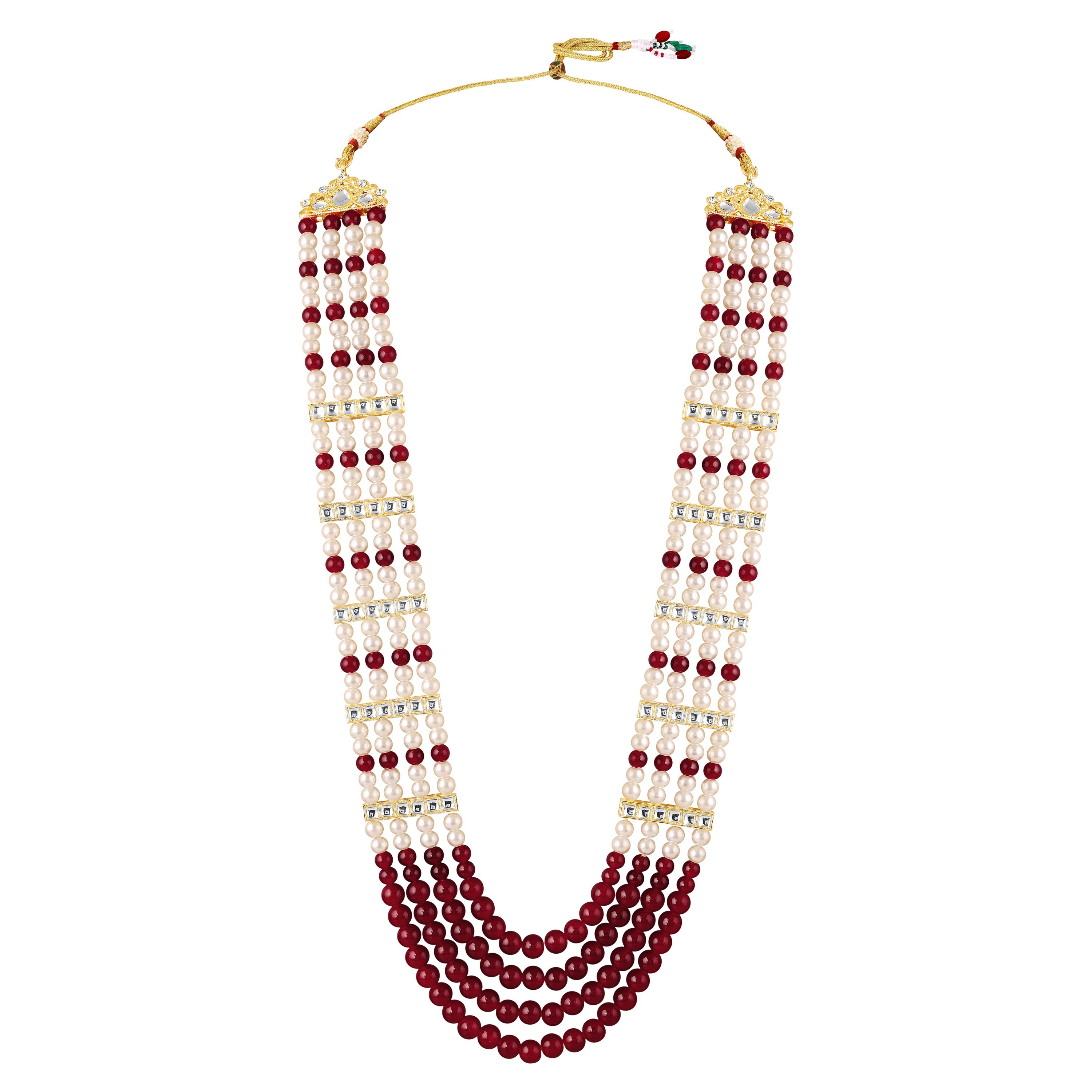 Mahi Multi-Layer Artificial Pearl & Maroon Beads Necklace | Wedding Sherwani Jewellery for Men | Ethnic Dulha Haar for Marriage Ceremony (ML1103875G)