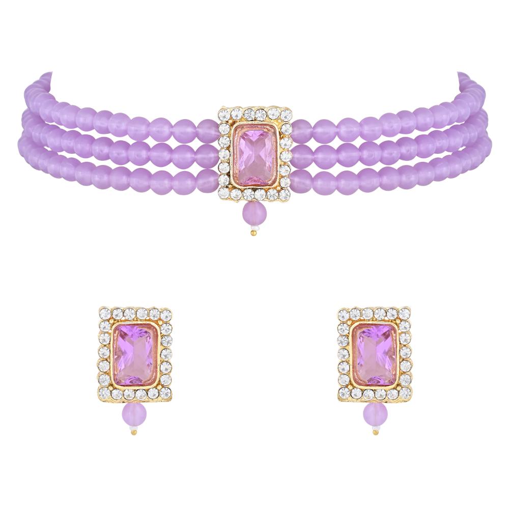 Etnico Gold Plated Pearl Choker Necklace & Earrings Set For Women (ML237PuPu)