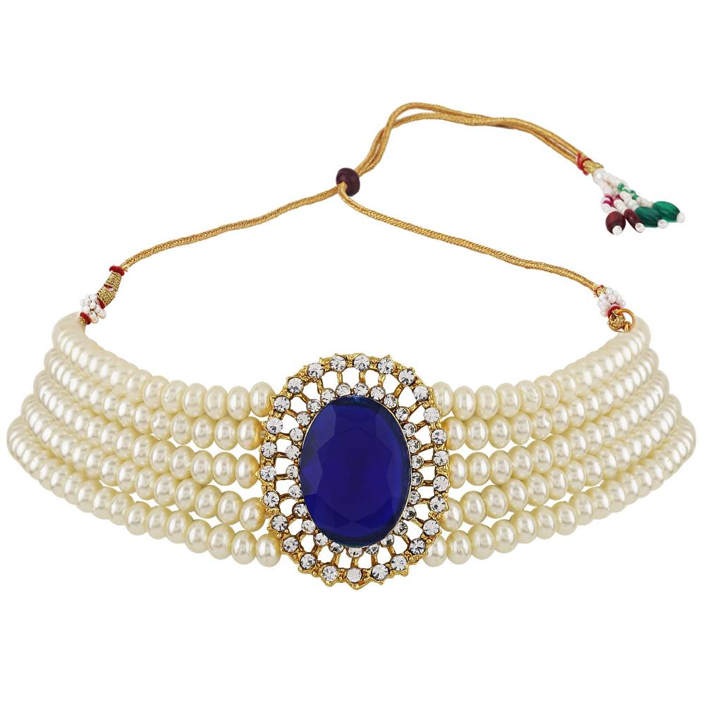 Etnico Gold Plated Traditional Stone Studded Pearl Choker Necklace Jewellery Set For Women/Girls (ML316) (Blue)