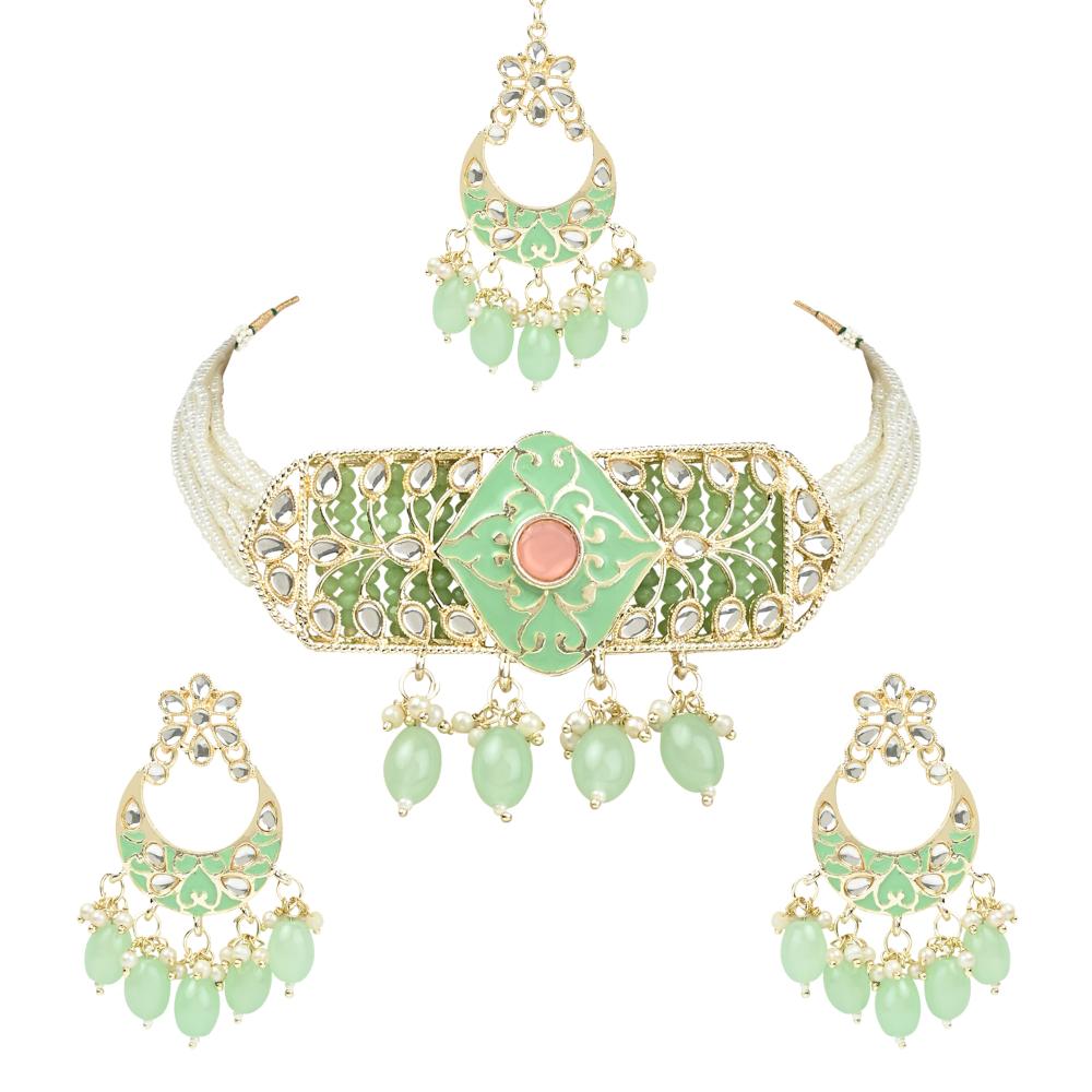 Etnico Gold Plated Pearl Polki Kundan Choker Necklace Jewellery Set With Earring & Maang Tikka for Women/Girls (ML333Min)
