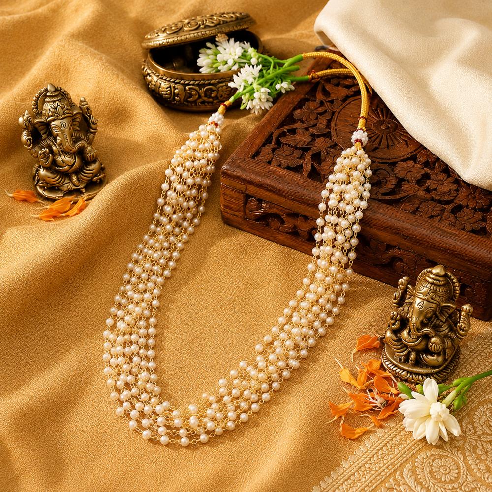 Js Fashion 10 lane Elegant White Pearl Long Mala for Women