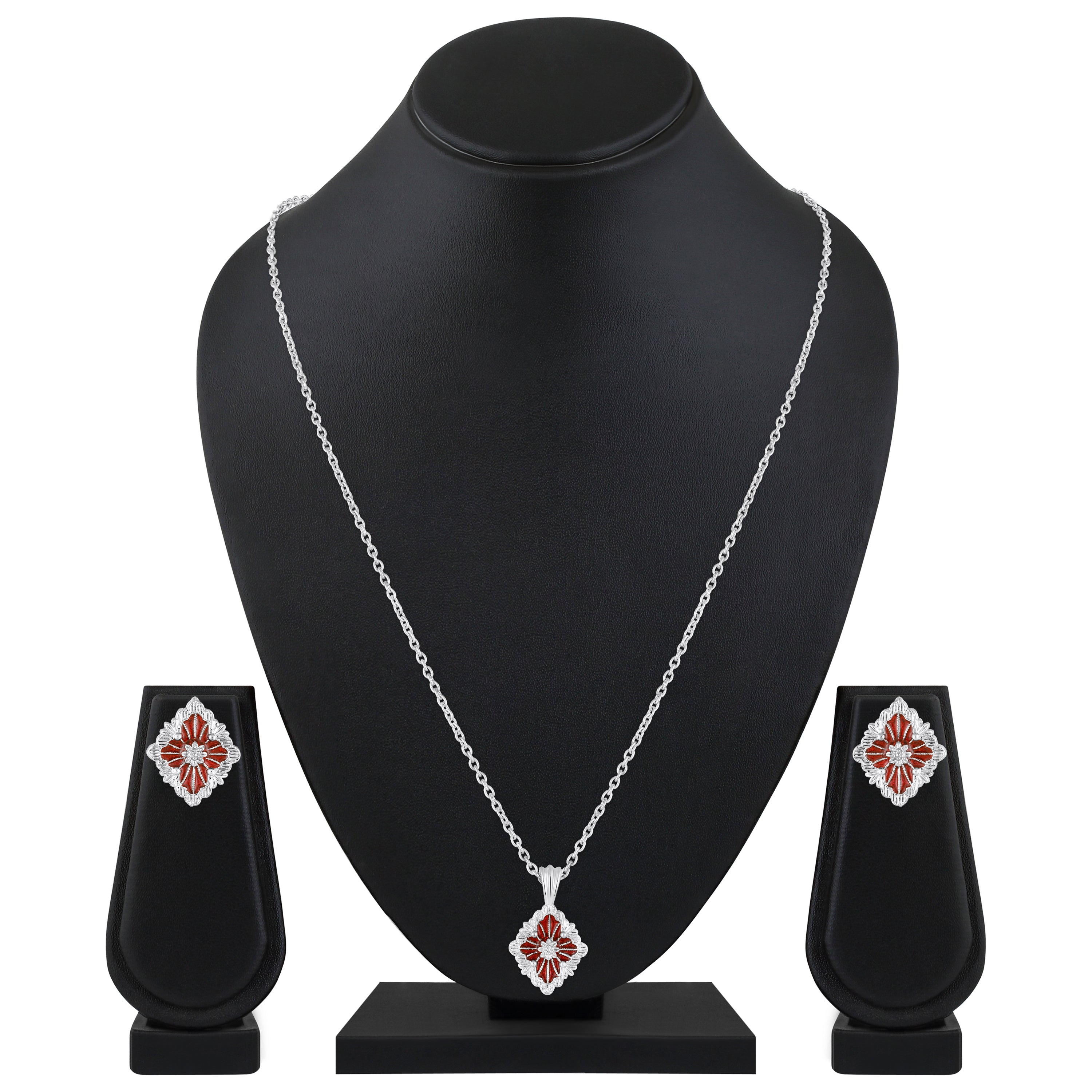 Mahi Scarlet Bloom Red Meenakari Enamel Pendant Earrings Set Set for Women & Girls (NL1103865RRed)
