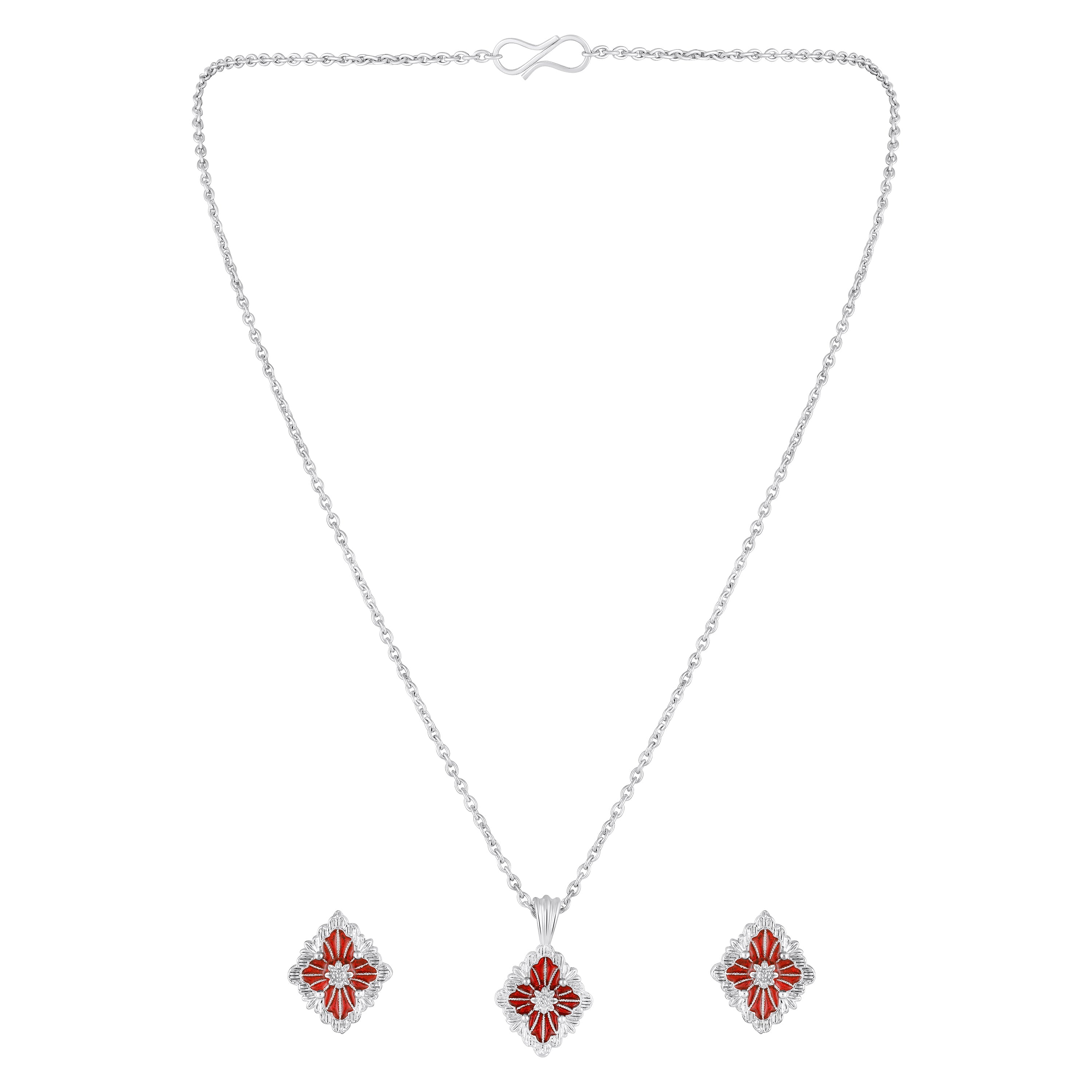 Mahi Scarlet Bloom Red Meenakari Enamel Pendant Earrings Set Set for Women & Girls (NL1103865RRed)